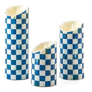 MACKENZIE CHILD'S Royal Check Flicker Candles - Set of 3 Blue & White Decor NEW